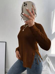 EMERY ROSE Casual Solid Color Side Slit Lace-Up Sweater - Brown - View 7