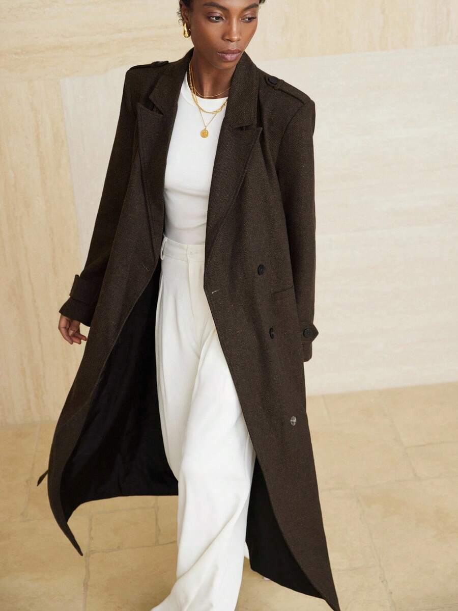 Aveloria Modichic 女式人字纹长款大衣，宽松版型，双排扣设计，配腰带