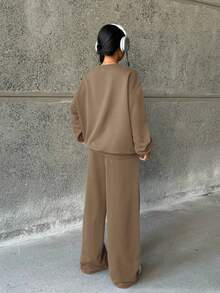 SHEIN 少女两件套：宽松圆领针织衫和阔腿裤，休闲家居服和日常穿着 - 棕色 - 查看 2