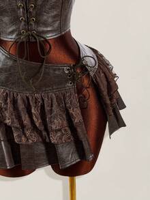 Amplova 2件套蕾丝拼布PU蛋糕裙和无袖上衣 - 棕色 - 查看 6