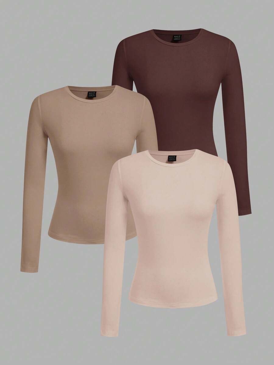 SHEIN EZwear Bộ 3 áo thun dài tay cổ tròn thoải mái cho nữ, phù hợp cho mùa thu/đông - Nhiều màu - Xem 1