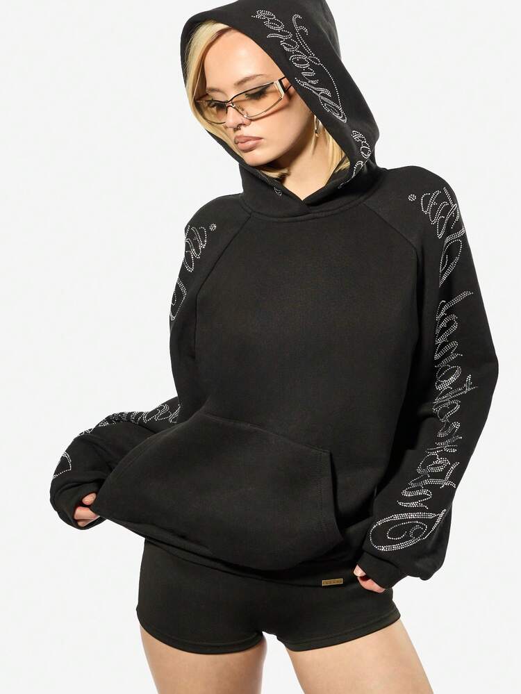 SUMWON WOMEN Oversized Rhinestone Hoodie With Decorative Text