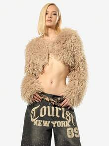 SUMWON WOMEN Luxurious Faux Fur Cropped Shrug Long Sleeve Winter Fashion Bolero Jacket Plush Teddy Bear Fuzzy Evening Party Club Wear Statement Piece