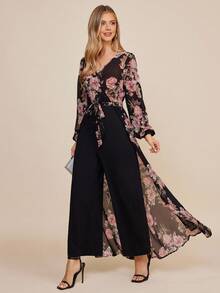 Amorya Women's Elegant Floral Print Wide Leg Jumpsuit  Winter Clothes