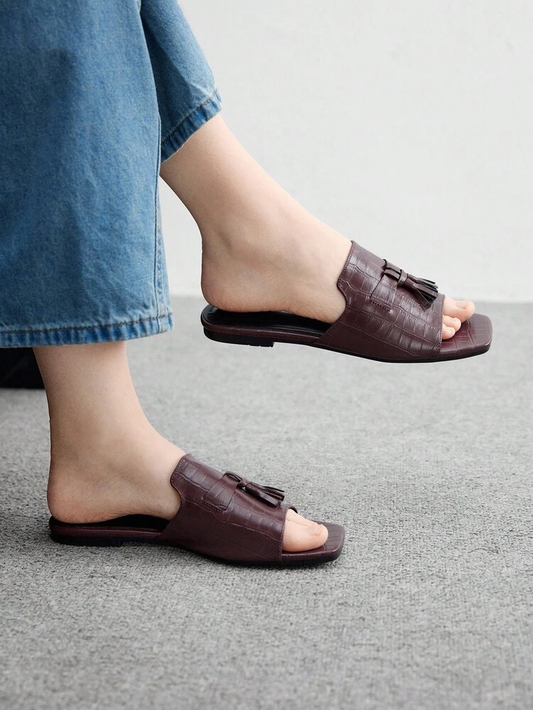 CUCCOO BIZCHIC Women's Fashion Versatile Tassel Decor Coffee Color Flat Slide Sandals, Lightweight And Comfortable Slip-On Flat Sandals For Christmas Spring Shoes Summer Shoes