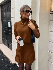 SHEIN Clasi 2pcs/Set Solid Color Turtleneck Long Sleeve Top And Mini Skirt Knit Sweater Set - Brown - View 7