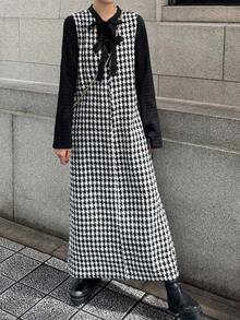FRIFUL Women's Elegant Plaid Front Tie Sleeveless Loose Long Dress - Black and White - View 2