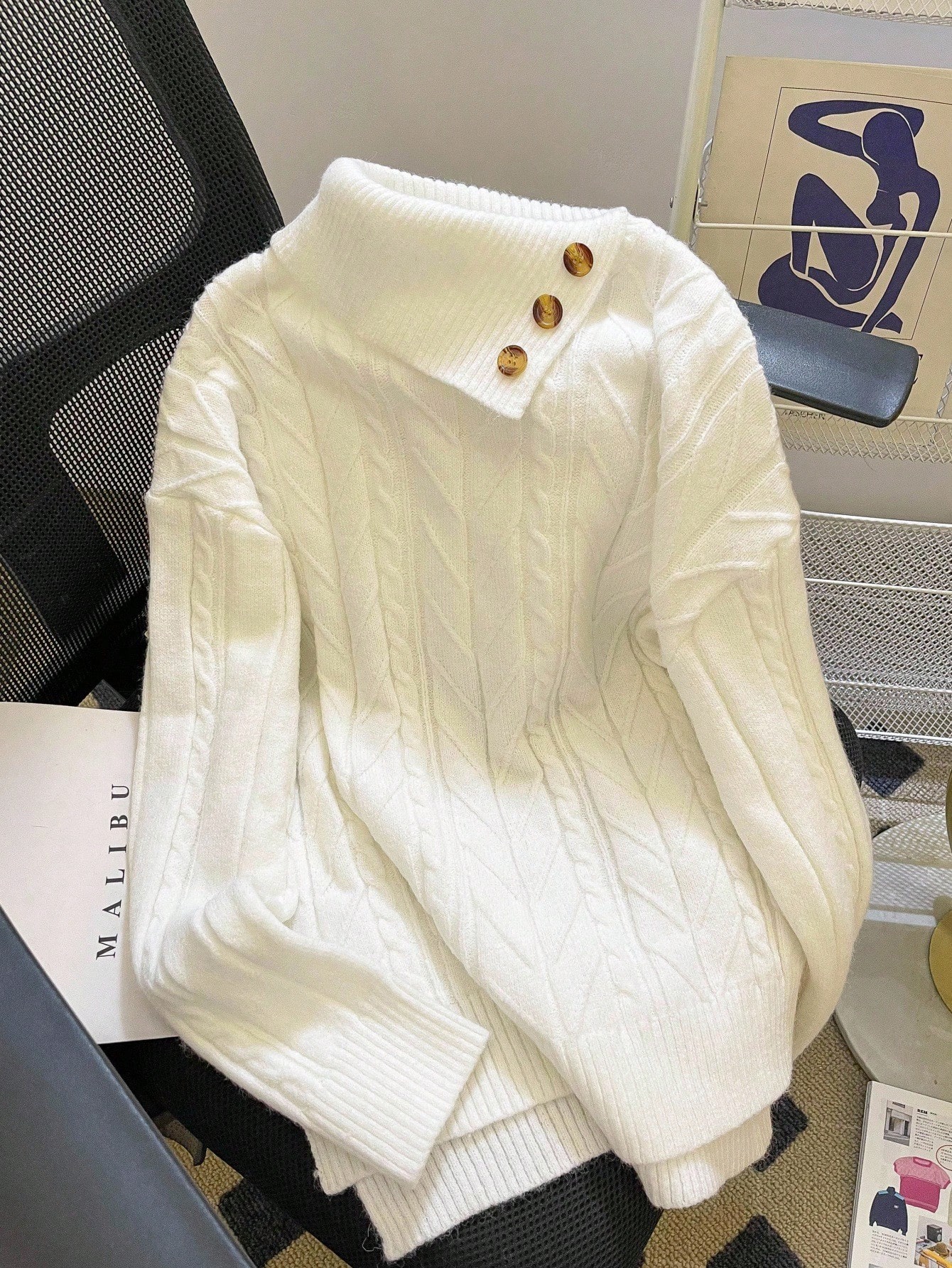 Franclia كنزة صوفية نسائية كبيرة الحجم بياقة عالية...