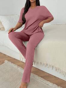 EURMUSE Women Cotton 2 Pcs V Neck Short Sleeve Homewear Lounge Set Lounge Dusty Pink Autumn Casual - Pink - View 5