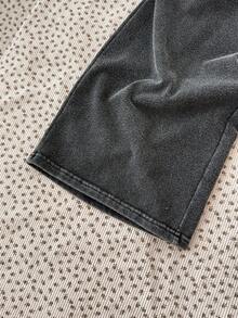 SHEIN 2件套少女黑色酸洗刺绣圆领长袖罗纹T恤和休闲复古慢跑裤套装，适合秋冬季叠穿，少女裤装套装，干净的少女服装，少女套装，少女运动套装，少女两件套裤装秋季