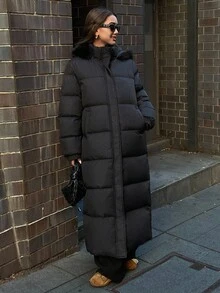 Livesso 女士纯色长袖拉链领长款拼接仿毛皮休闲连帽冬季外套 - 黑色 - 查看 5