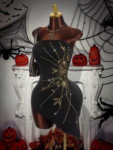 Amplova 万圣节秋季嬉皮风格水钻装饰短腰女式迷你连衣裙 - 黑色 - 查看 9