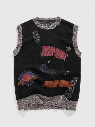 Street Life Chaleco de punto vintage con patrón de letras desgastado para hombre, otoño