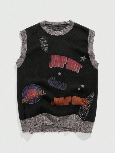 ROMWE MEN Street Life 男士复古字母图案做旧针织毛衣背心，秋季