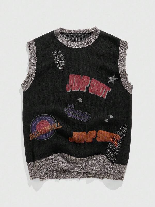 ROMWE MEN Street Life Men's Vintage Letter Pattern Distressed Knit Sweater Vest, Autumn