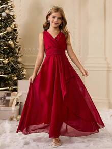 女孩优雅的勃艮第无袖中长连衣裙，适合晚会、婚礼、生日、毕业典礼、圣诞节、万圣节和其他场合