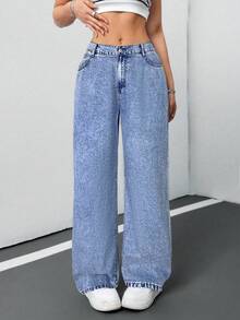 SHEIN Tall CURVE 女士加大码深蓝色宽松阔腿牛仔裤，夏季7月4日工作机场度假俱乐部高腰复古/冬季牛仔裤 - 淺色水洗藍 - 查看 3