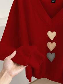 EMERY ROSE 2pcs Plus Size Women Heart Print V-Neck Loose Sweatshirt Set, Suitable For Fall/Winter - Multicolor - View 4