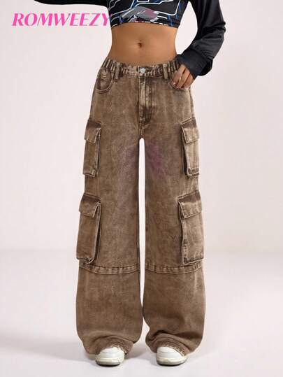 Teenager (Mädchen) Lässig Mode Cargohose, Vintage Waschung Gerades Bein Design mit Mehreren Taschen