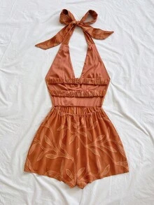 Soleia Combinaison dos nu avec nœud papillon, texture raphia marron, encolure en V, pour femmes. Convient pour les vacances, la plage, les festivals de musique, l'esprit hippie, les fêtes, les sorties et le thé de l'après-midi