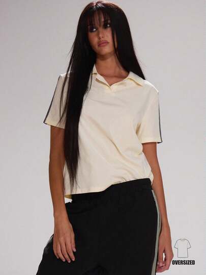 MUSERA Polo de manga corta con raya lateral oversize, lindo para maestros, otoño, regreso a clases, casual, trabajo, streetwear, corporativo