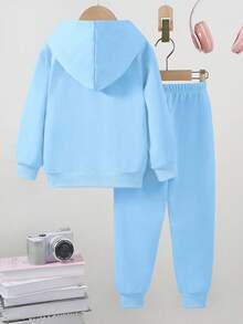 SHEIN 年轻女孩休闲时尚可爱趣味卡布奇诺芭蕾舞者图案印花连帽衫 + 裤子两件套运动服套装，适合日常、户外、运动和学校，秋冬季 - 藍色 - 查看 2