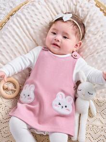 SHEIN 新生女童可爱卡通图案长袖针织上衣和连衣裙套装，休闲