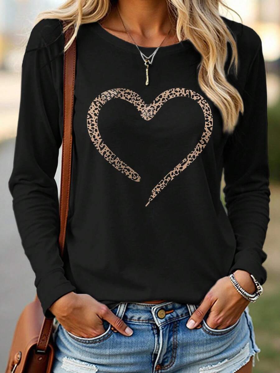 EMERY ROSE Women's Leopard Print Heart Graphic Long Sleeve T-Shirt - Black - View 1