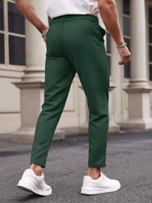 Manfinity Mode 男士休闲简约通勤商务斜口袋纯色长裤 - 墨綠色 - 查看 2