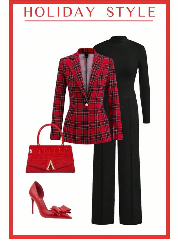 Ellevyn Damska kurtka z długim rękawem i kołnierzykiem z wycięciem w serek, ściągana w pasie, czerwono-czarna, z nadrukiem w gołębie, świąteczna, elegancka, codzienna odzież wierzchnia, jesień/zima