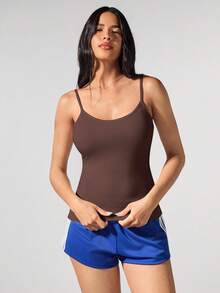 Menodora SHEIN Sport Áo hai dây dệt kim bó sát màu trơn thường ngày - màu nâu - Xem 3