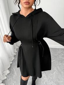 Elenzga 大码女式休闲连帽收腰舒适修身连衣裙，适合通勤 - 黑色 - 查看 4