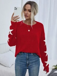 EMERY ROSE Sweater Pullover Kasual Nyaman Motif Bintang Patchwork Elemen Natal untuk Wanita, Serbaguna untuk Musim Gugur/Dingin - Merah - View 3
