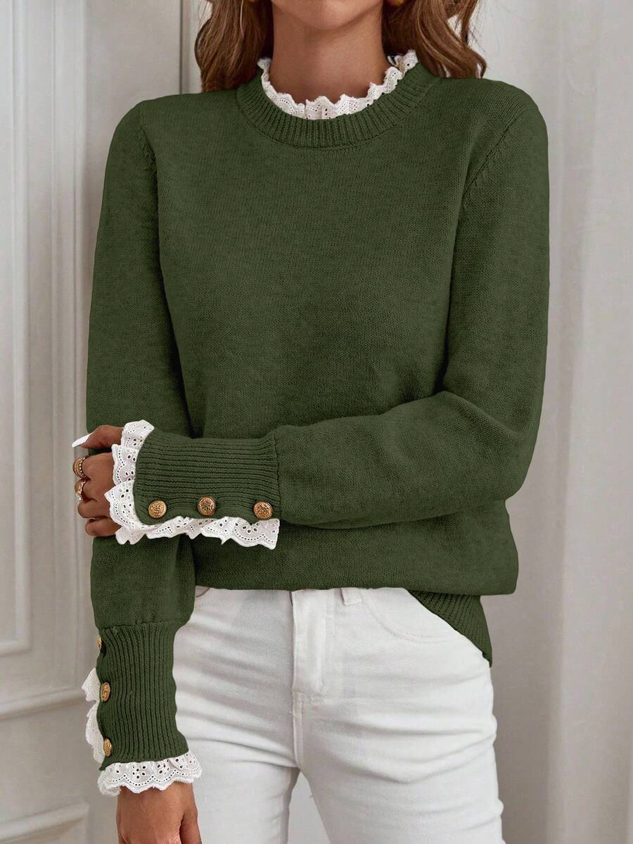 EMERY ROSE Suéter de cuello redondo de manga larga con volantes y contraste de color para mujer - Verde - Ver 1