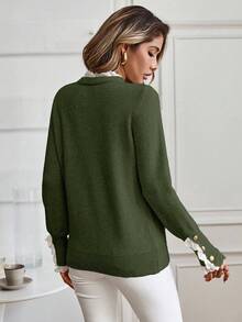 EMERY ROSE Suéter de cuello redondo de manga larga con volantes y contraste de color para mujer - Verde - Ver 2