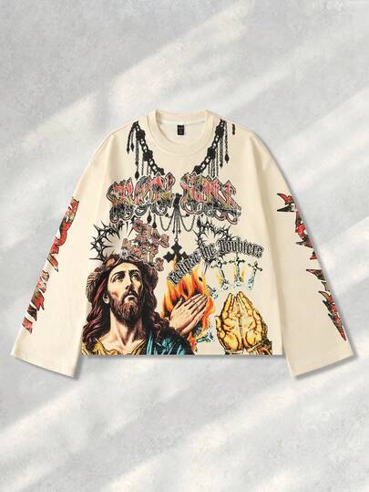 Street Life Men's Printed Long Sleeve Jesus Print T-Shirt, Loose Cropped Fit, For Fall
