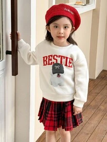 Genkimix Kids 2 件套幼儿女孩秋冬装，宽松圆领浅桃色长袖运动衫，带有可爱的小狗印花，红色格子百褶裙，休闲运动时尚套装 - 彩色 - 查看 4