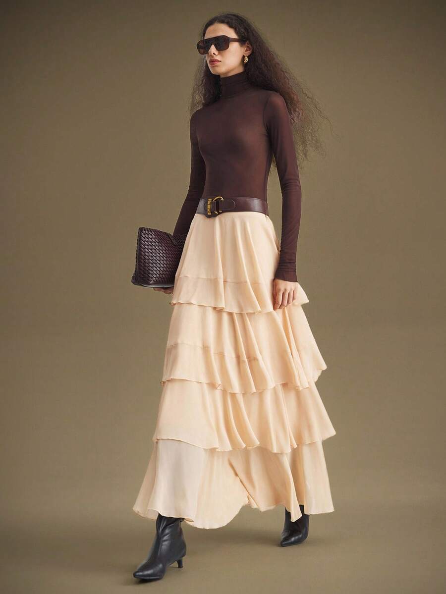 Ontre 女士半身裙波西米亚风度假装夏季ins明星同款度假风异域风情乡村演唱会西式服装高档面料舒适透气飘逸长裙 - 杏色 - 查看 1