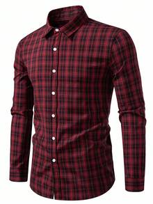 Manfinity Mode Men's Casual Plaid Long Sleeve Shirt, Autumn,Red Checkered Shirt, Christmas - Burgundy - View 3