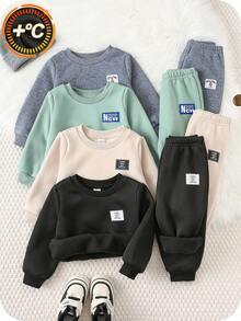 8 قطعة/طقم ملابس أطفال ولادي من البلوزات ذات الرقبة الطاقم والبنطلونات المبطنة بالفليس ذات اللون الأحادي، طويلة الأكمام، مريحة وعملية للارتداء اليومي العادي، مناسبة للداخل والخارج والرياضة واللعب والحفلات والتصوير في فصلي الخريف والشتاء