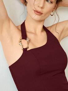 Uhlyne Áo cổ yếm ôm sát màu trơn thanh lịch gợi cảm dành cho nữ, mùa hè - Màu Đỏ Sâu - Xem 7