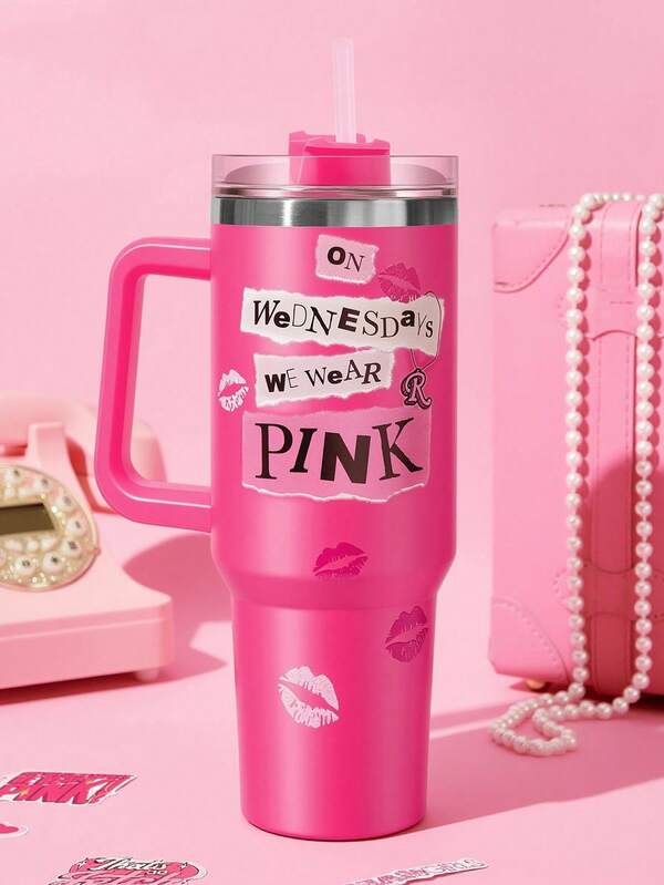 Mean Girls X SHEIN 40oz Letter Graphic Tumbler With Handle, Insulated Cup, Vacuum Insulated Water Bottle, Stainless Steel Travel Mug, Car Mug, Gifts For Friends