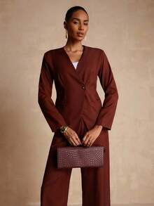 Lyxana Women's Casual Solid Color Single-Button Top & Pants 2 Pieces Set - Brown - View 3