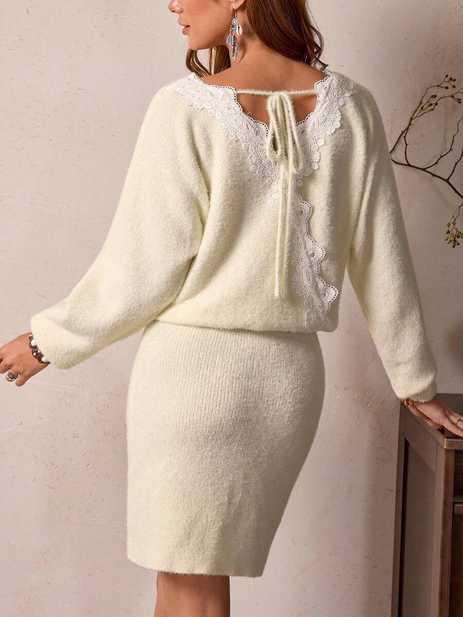 Váy len buộc dây lưng trơn màu thường ngày LanaWest dành cho nữ - Màu be - Xem 1