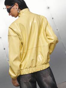 LYSMO SELECTION 2025 New Arrive Minimalism Fall Women's Butter Yellow Solid Color Drop Shoulder Long Sleeve Zipper Front PU Leather Casual Bomber Jacket Women For Going Out Outfits, Graduation, Grunge And Punk Chic, Vintage Chic Back To School, Homecoming, 2000s Style, Y2K Clothes Women, Streetwear