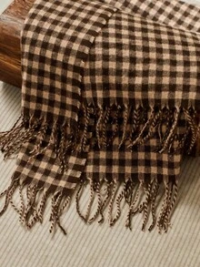 Cirelle 1 件小方形格纹编织沙发毯，休闲风格涤纶矩形流苏毯，适合午睡或日常办公室使用 - 棕色 - 查看 1