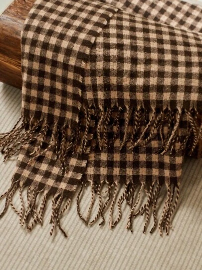 Cirelle 1pc Small Square Checkered Woven Sofa Blanket, Casual Style Polyester Rectangular Tassel Throw For Nap Or Daily Use At Office