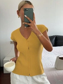 DAZY 女式纯色修身 V 领弹力休闲开衫，薄款，秋季黄色上衣 - 黃色 - 查看 6