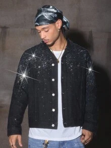 AXEPEAK 男士时尚亮面纽扣休闲百搭短款牛仔夹克 - 黑色 - 查看 1