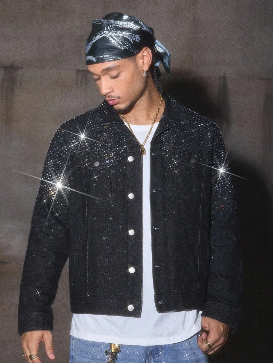 AXEPEAK 男士时尚亮面纽扣休闲百搭短款牛仔夹克 - 黑色 - 查看 1